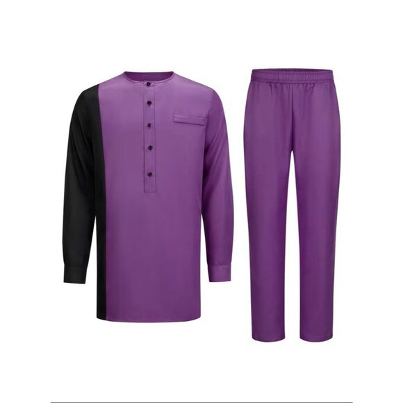 African Formal Dashiki Vibrant Purple Shirt & Pant Suit Traditional Dress Outfit - Picture 3 of 7